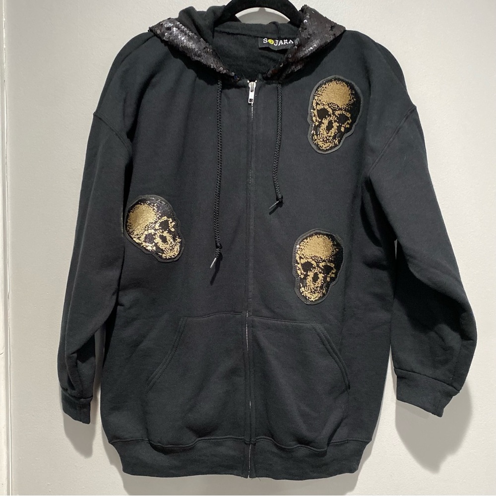Sojara Sequin Skulls and Hood Black Zip zip Hoodie Size XL